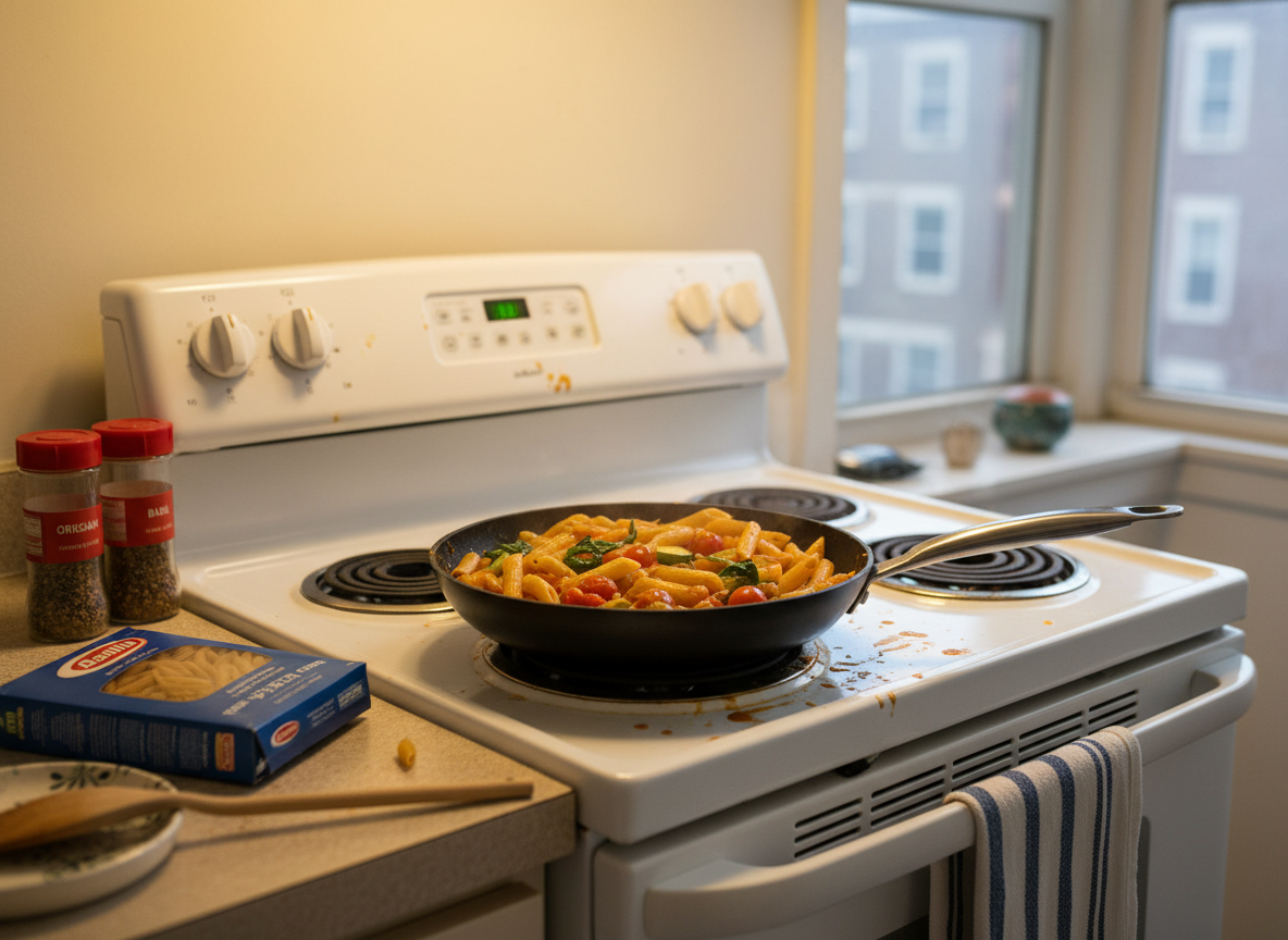 Casual smartphone snapshot in a small apartment kitchen: a single pan of pasta and vegetables simmering on a slightly stained electric stovetop, sauce splatters on the nearby burner, a striped dish towel hanging off the oven handle, a few spice jars and an open box of pasta on the counter. Warm, yellowish indoor lighting with a bit of natural light from a small window. Candid, cozy, and imperfect, not studio-polished. Shot in landscape.
